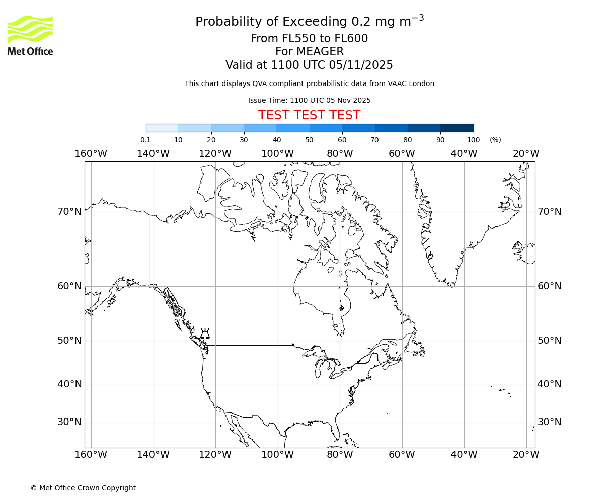 Probability of exceeding 0.2 milligrams per metre cubed. From 550 to 600 for MEAGER. Valid at 1100 UTC 05/11/2025
