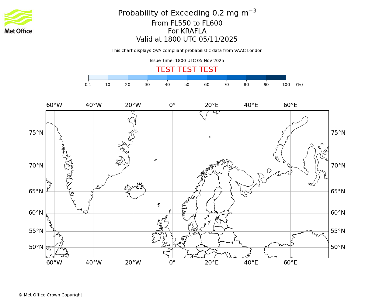 Probability of exceeding 0.2 milligrams per metre cubed. From 550 to 600 for KRAFLA. Valid at 1800 UTC 05/11/2025