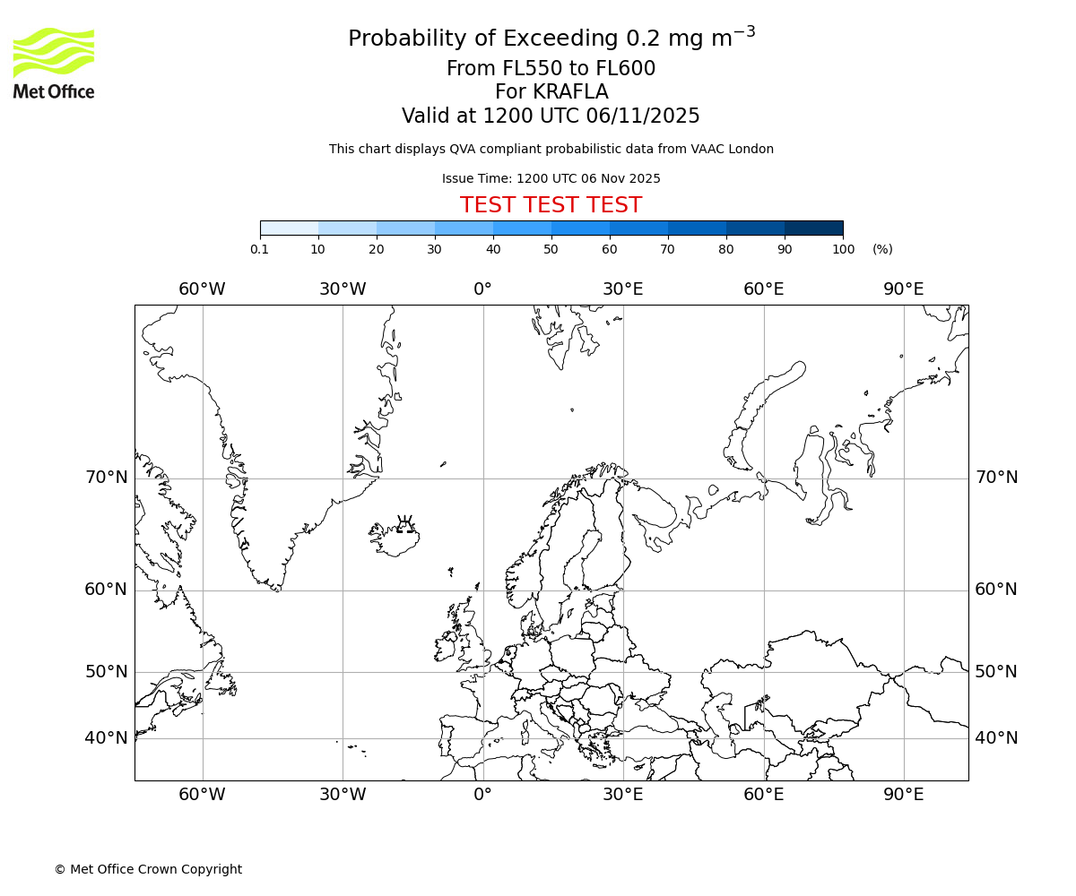 Probability of exceeding 0.2 milligrams per metre cubed. From 550 to 600 for KRAFLA. Valid at 1200 UTC 06/11/2025