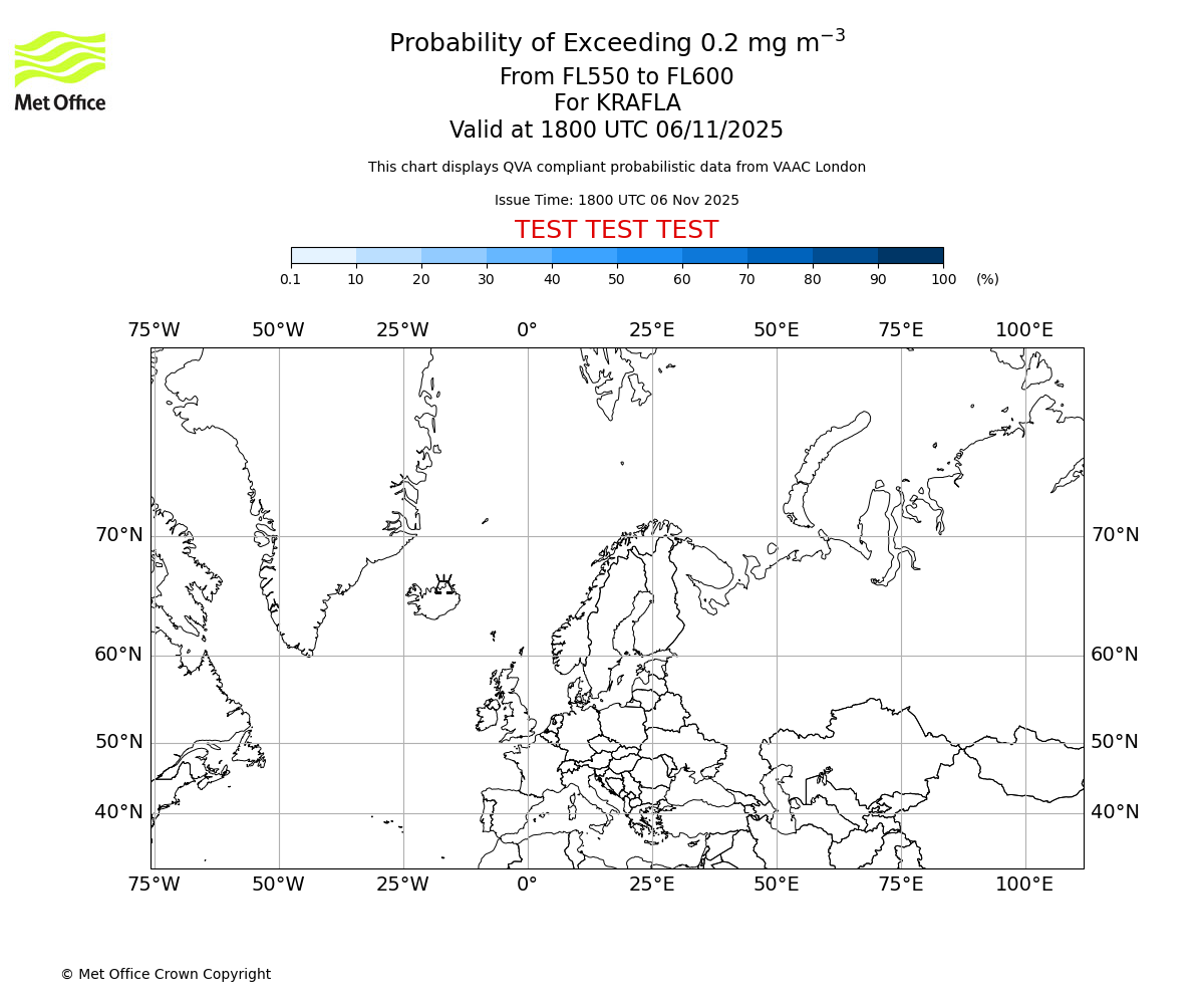 Probability of exceeding 0.2 milligrams per metre cubed. From 550 to 600 for KRAFLA. Valid at 1800 UTC 06/11/2025