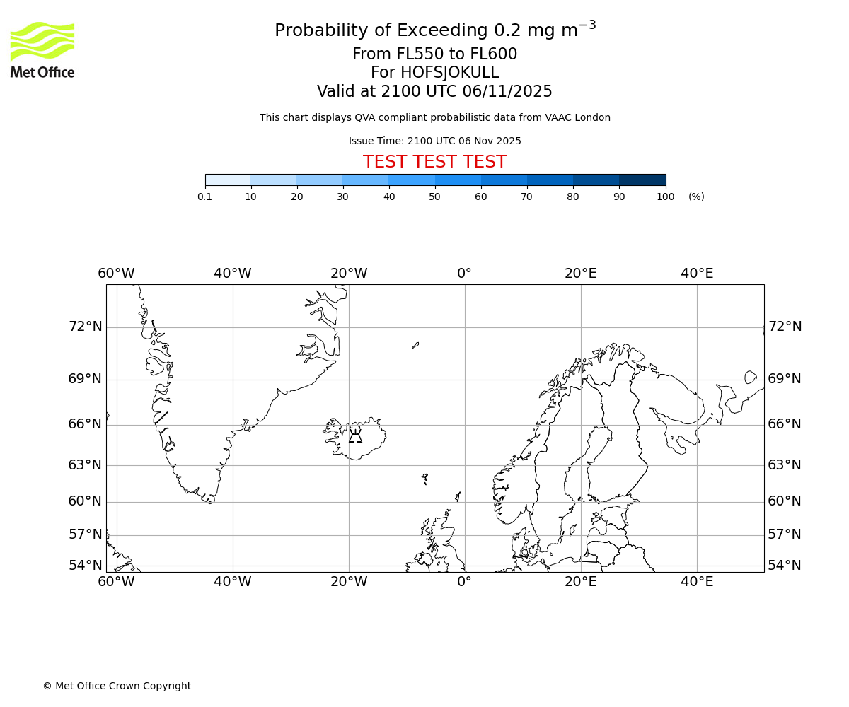 Probability of exceeding 0.2 milligrams per metre cubed. From 550 to 600 for HOFSJOKULL. Valid at 2100 UTC 06/11/2025