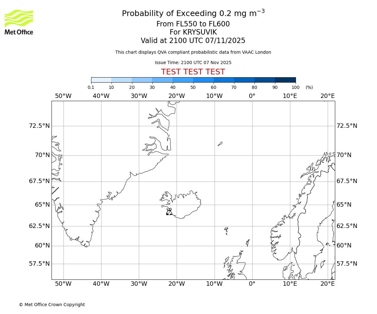 Probability of exceeding 0.2 milligrams per metre cubed. From 550 to 600 for KRYSUVIK. Valid at 2100 UTC 07/11/2025