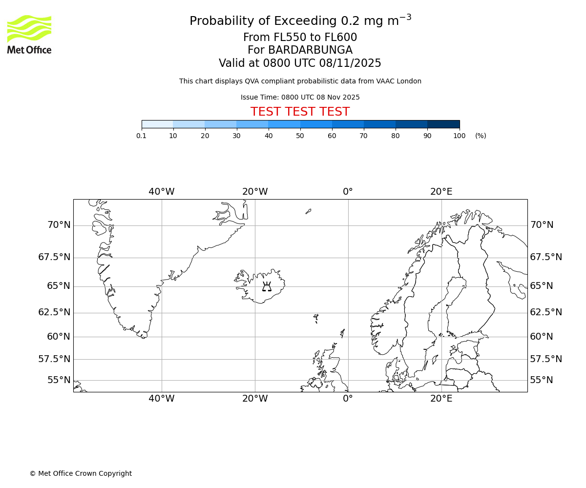 Probability of exceeding 0.2 milligrams per metre cubed. From 550 to 600 for BARDARBUNGA. Valid at 0800 UTC 08/11/2025