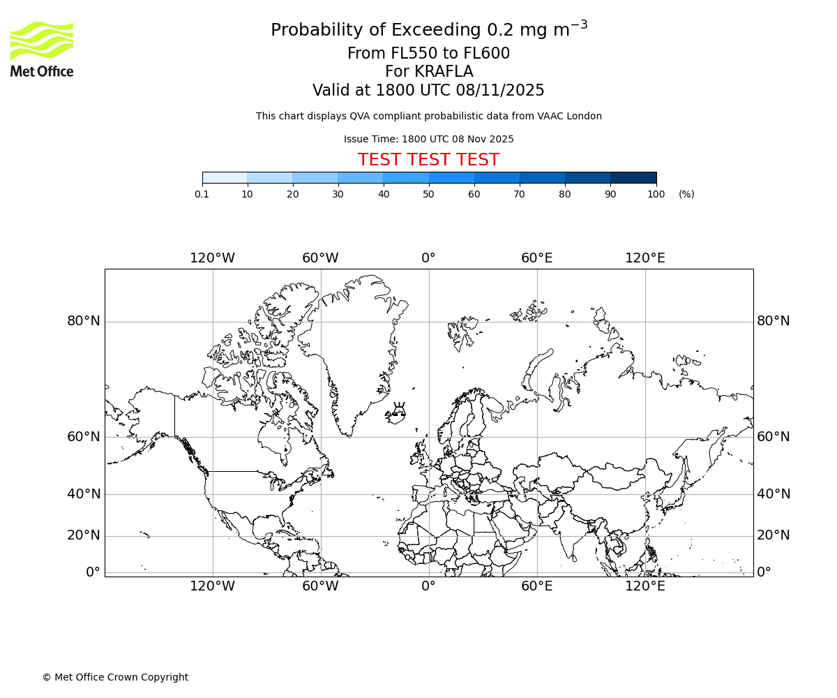 Probability of exceeding 0.2 milligrams per metre cubed. From 550 to 600 for KRAFLA. Valid at 1800 UTC 08/11/2025