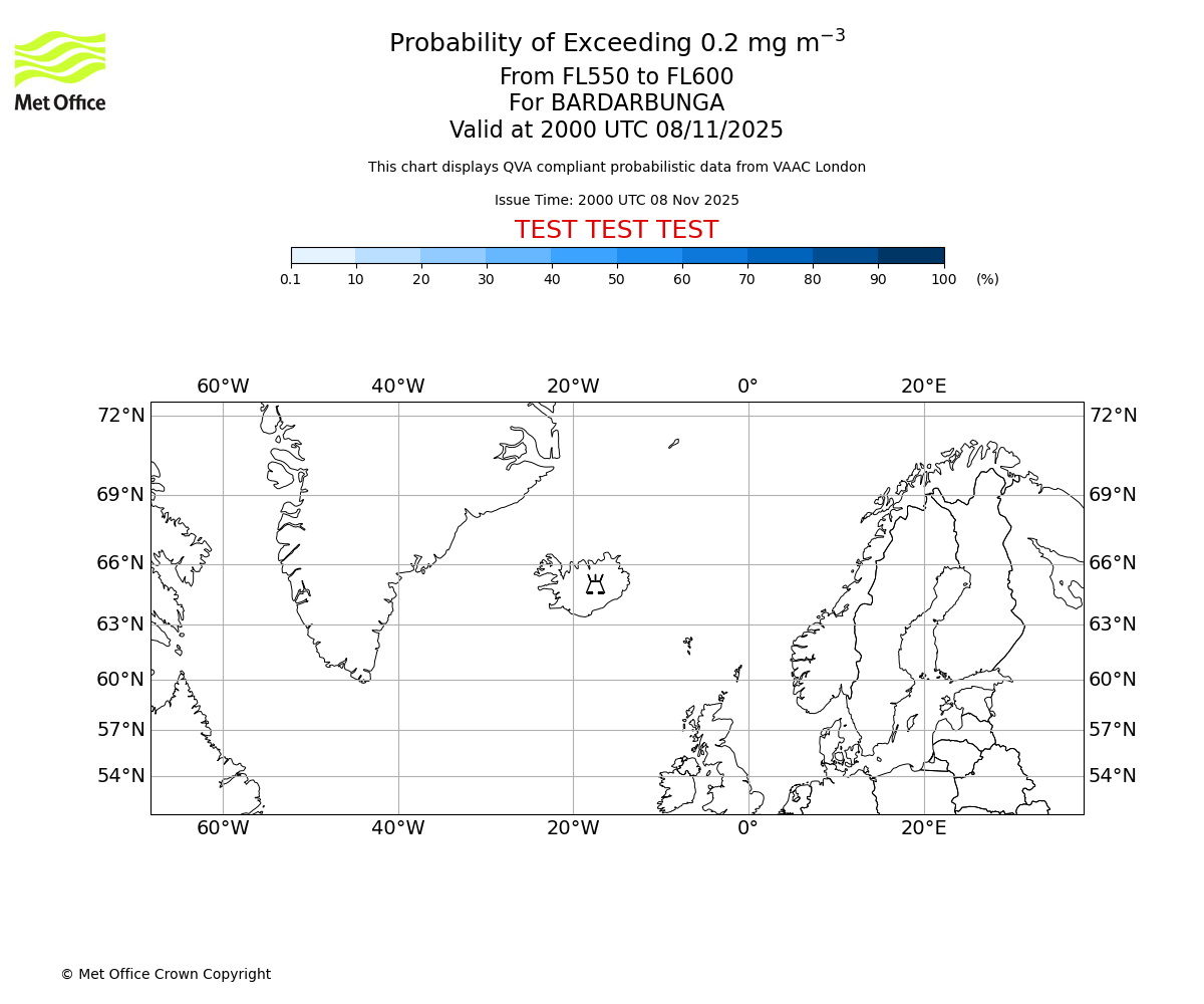 Probability of exceeding 0.2 milligrams per metre cubed. From 550 to 600 for BARDARBUNGA. Valid at 2000 UTC 08/11/2025