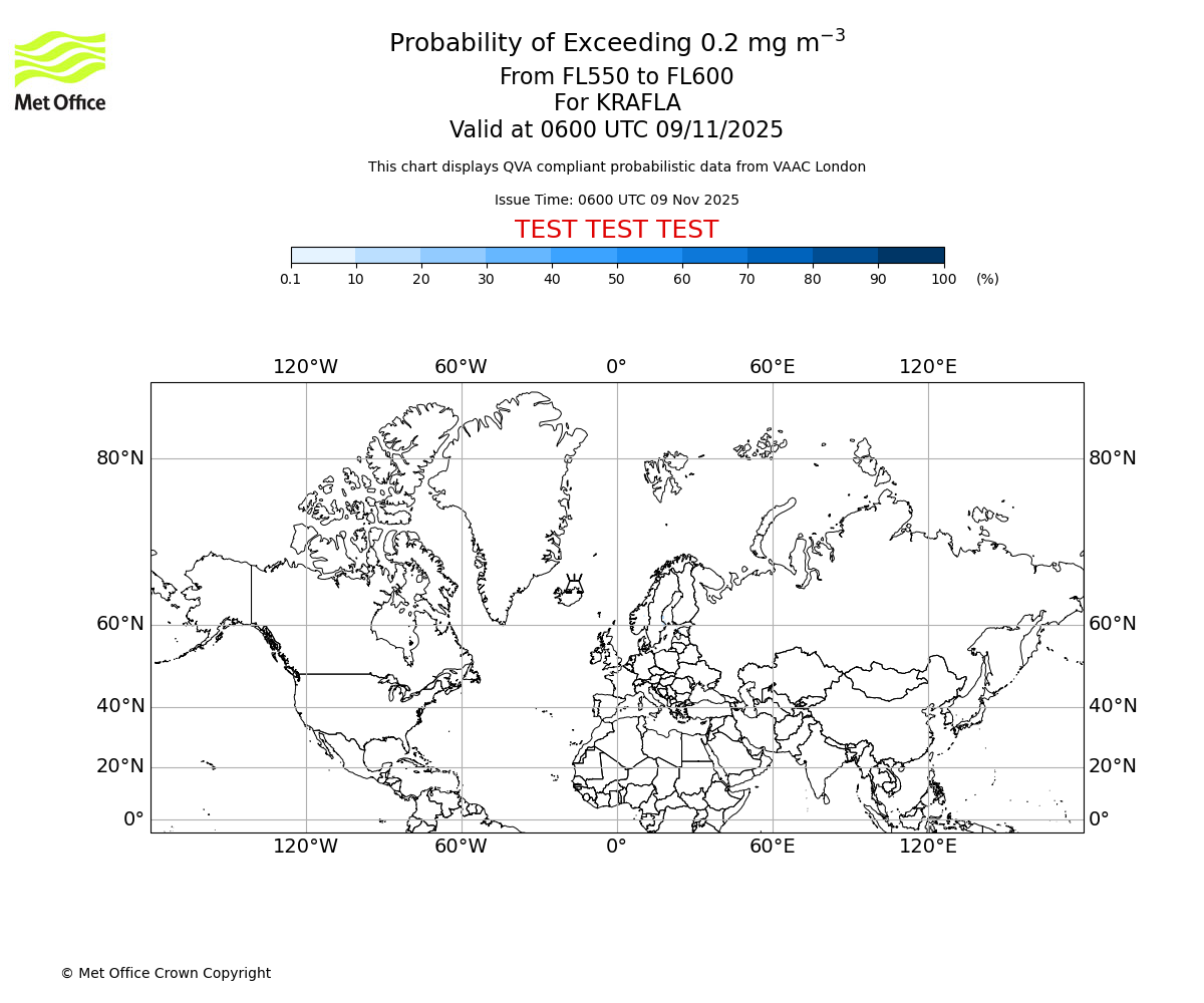 Probability of exceeding 0.2 milligrams per metre cubed. From 550 to 600 for KRAFLA. Valid at 0600 UTC 09/11/2025