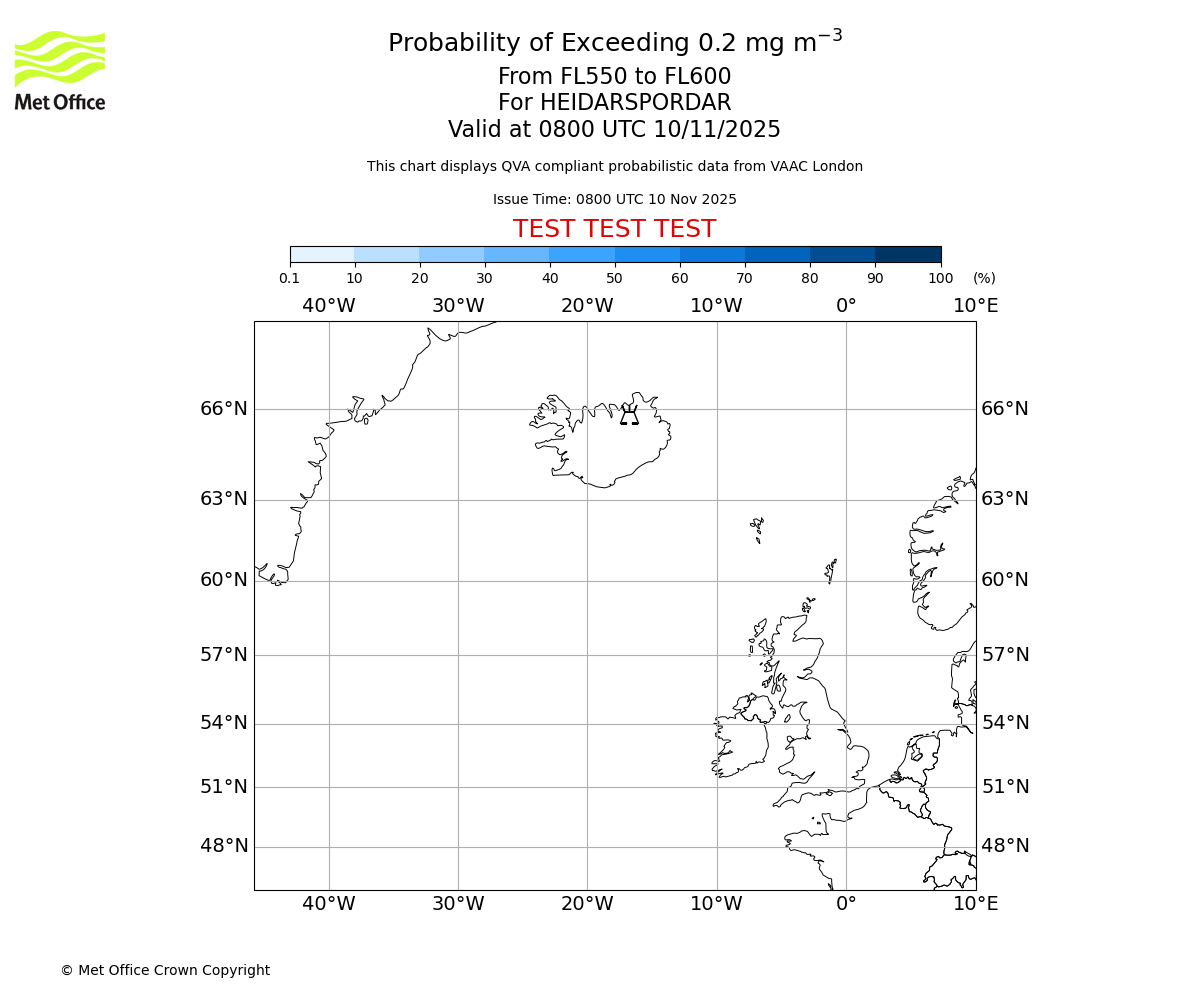 Probability of exceeding 0.2 milligrams per metre cubed. From 550 to 600 for HEIDARSPORDAR. Valid at 0800 UTC 10/11/2025