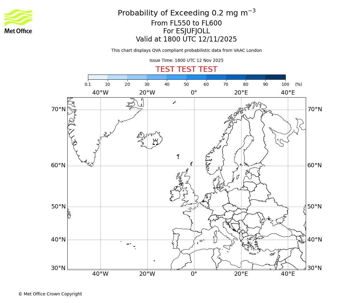 Probability of exceeding 0.2 milligrams per metre cubed. From 550 to 600 for ESJUFJOLL. Valid at 1800 UTC 12/11/2025