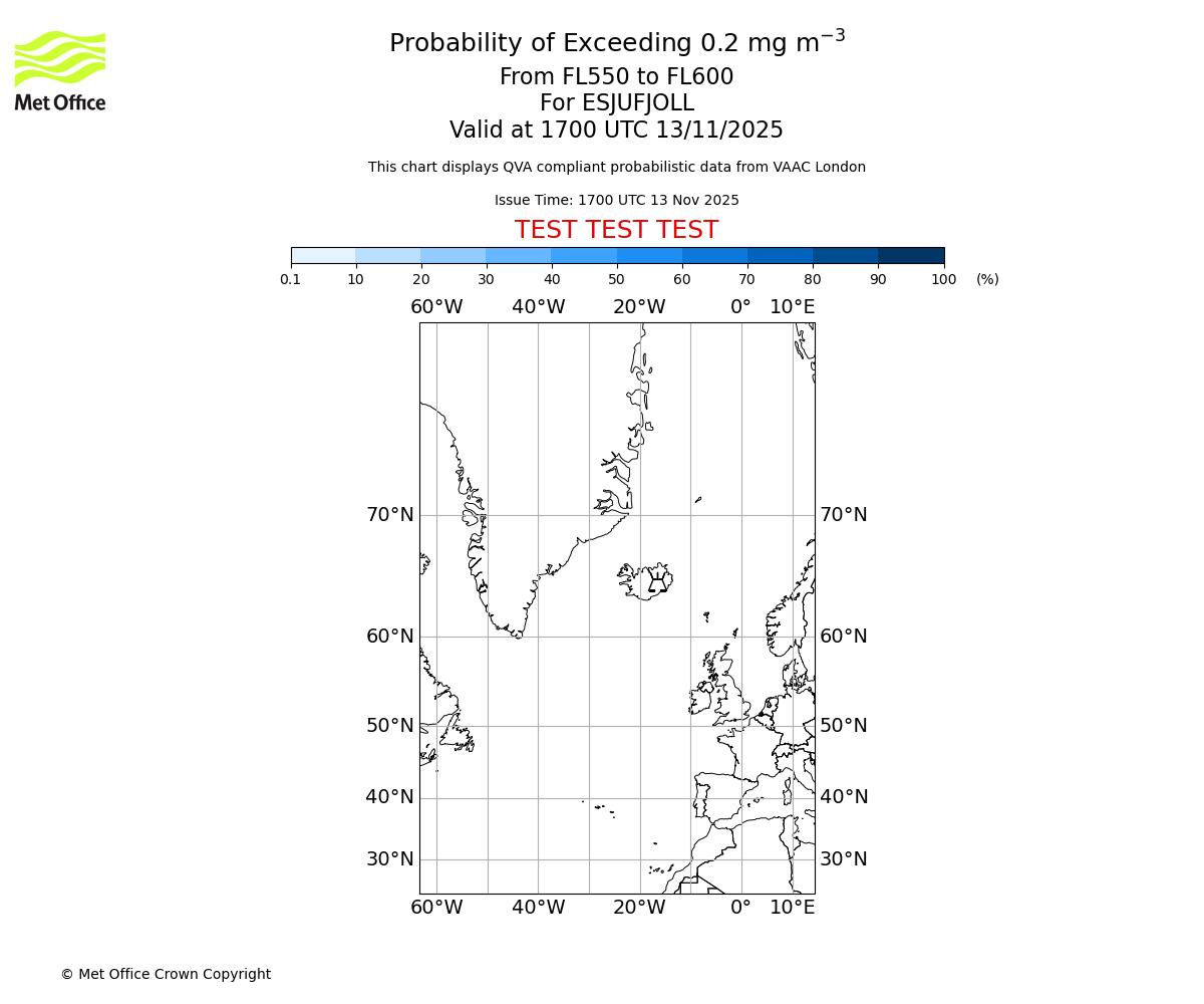 Probability of exceeding 0.2 milligrams per metre cubed. From 550 to 600 for ESJUFJOLL. Valid at 1700 UTC 13/11/2025