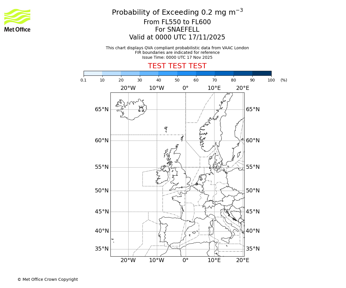 Probability of exceeding 0.2 milligrams per metre cubed. From 550 to 600 for SNAEFELL. Valid at 0000 UTC 17/11/2025