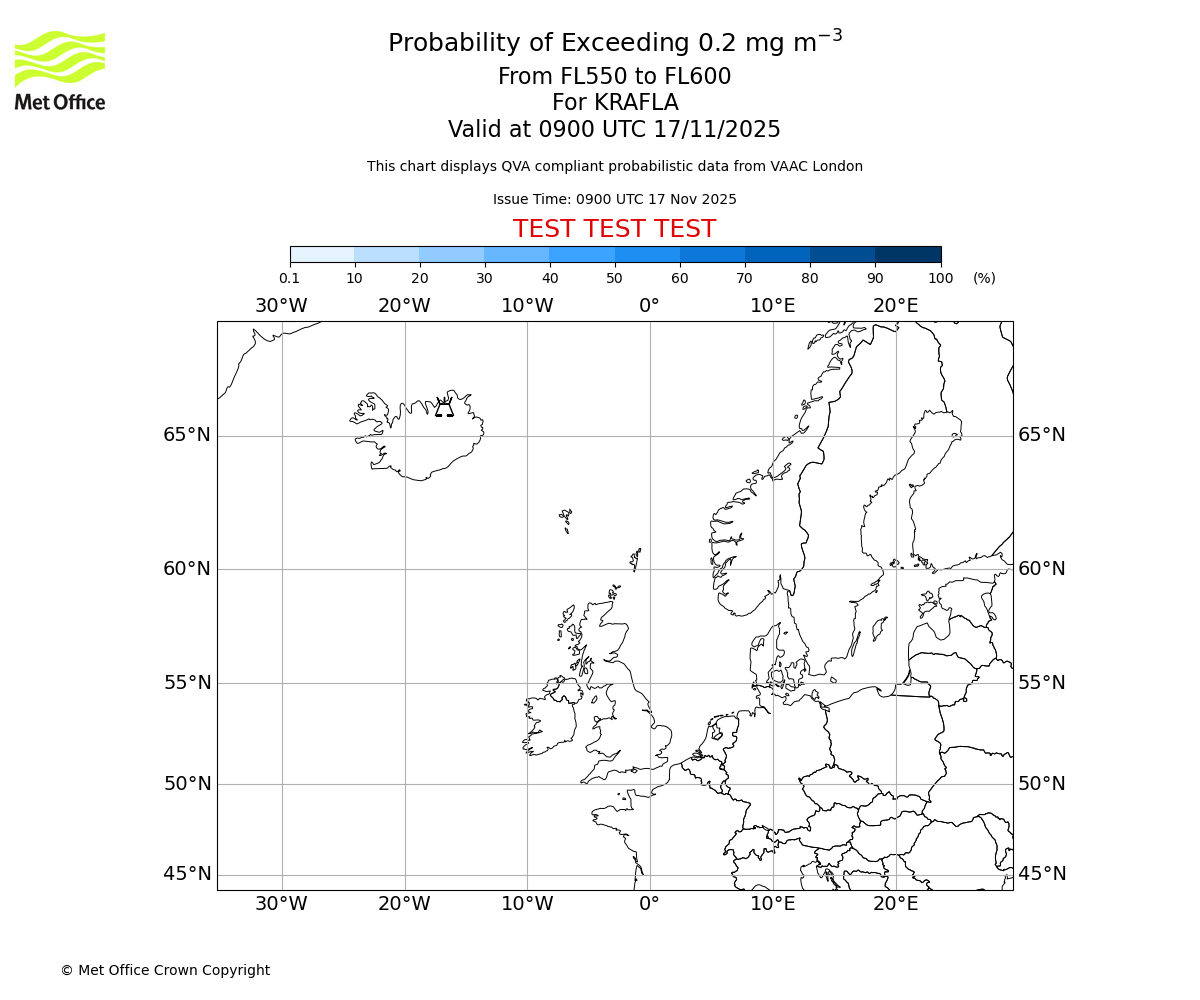 Probability of exceeding 0.2 milligrams per metre cubed. From 550 to 600 for KRAFLA. Valid at 0900 UTC 17/11/2025