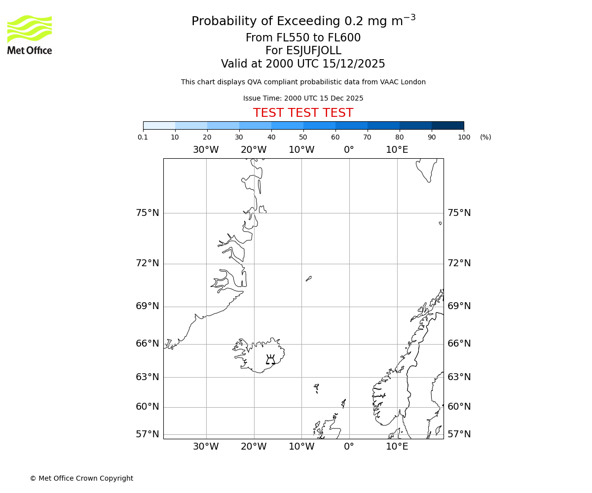 Probability of exceeding 0.2 milligrams per metre cubed. From 550 to 600 for ESJUFJOLL. Valid at 2000 UTC 15/12/2025
