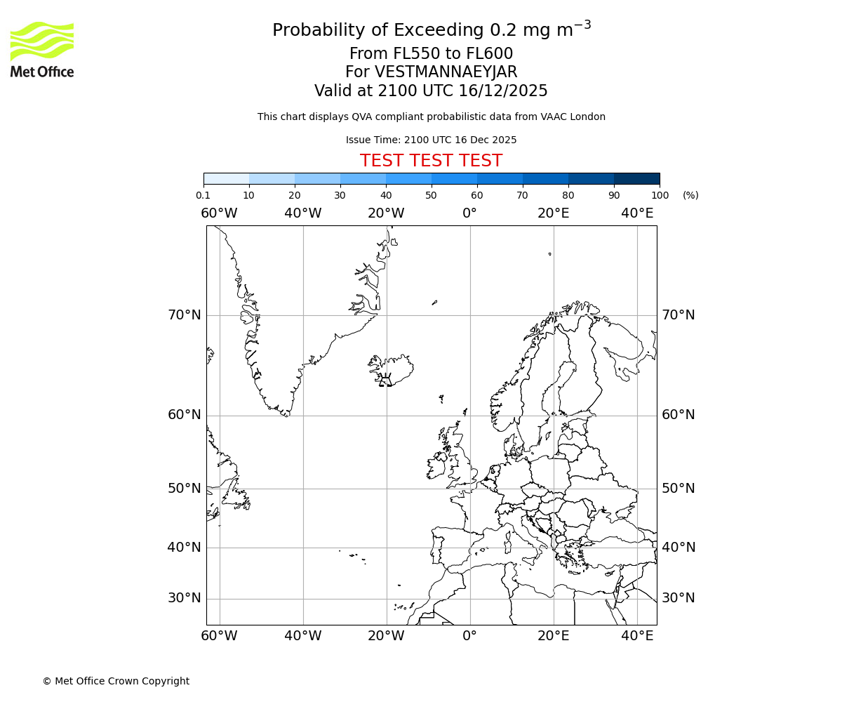 Probability of exceeding 0.2 milligrams per metre cubed. From 550 to 600 for VESTMANNAEYJAR. Valid at 2100 UTC 16/12/2025