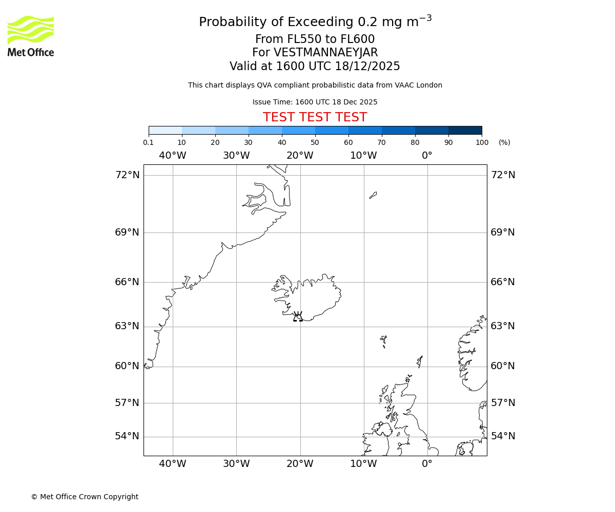 Probability of exceeding 0.2 milligrams per metre cubed. From 550 to 600 for VESTMANNAEYJAR. Valid at 1600 UTC 18/12/2025