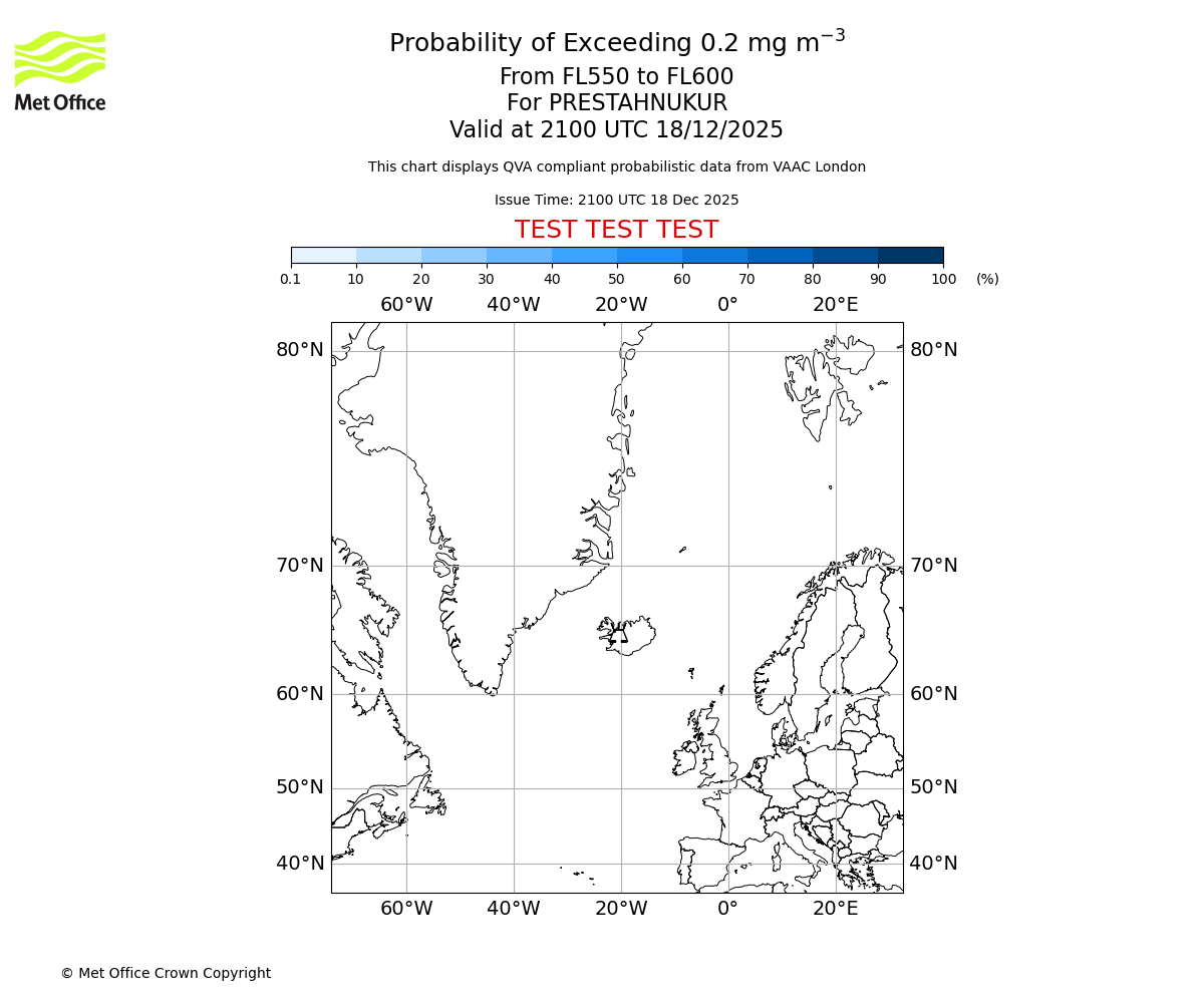 Probability of exceeding 0.2 milligrams per metre cubed. From 550 to 600 for PRESTAHNUKUR. Valid at 2100 UTC 18/12/2025