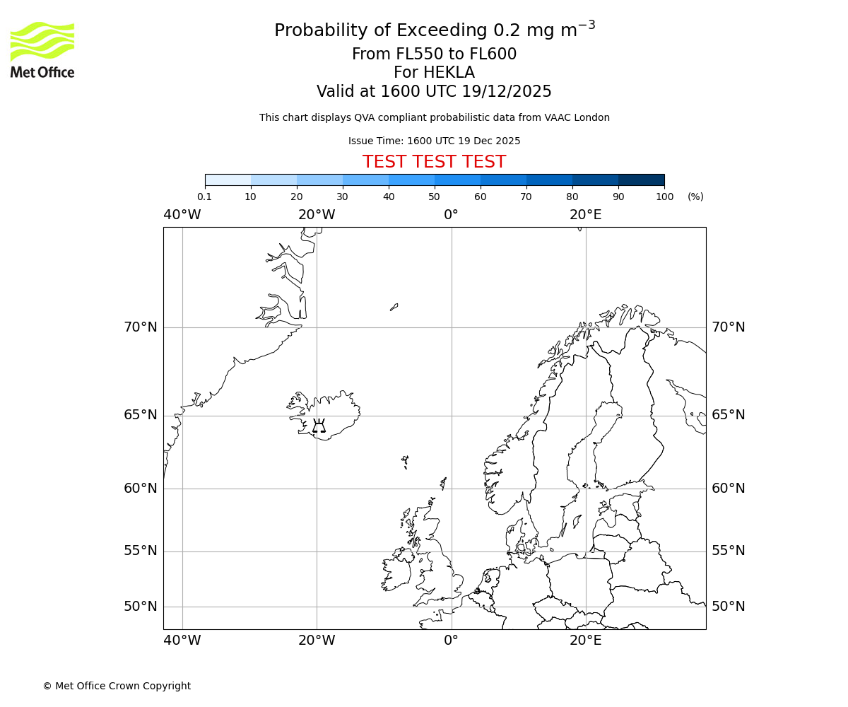 Probability of exceeding 0.2 milligrams per metre cubed. From 550 to 600 for HEKLA. Valid at 1600 UTC 19/12/2025