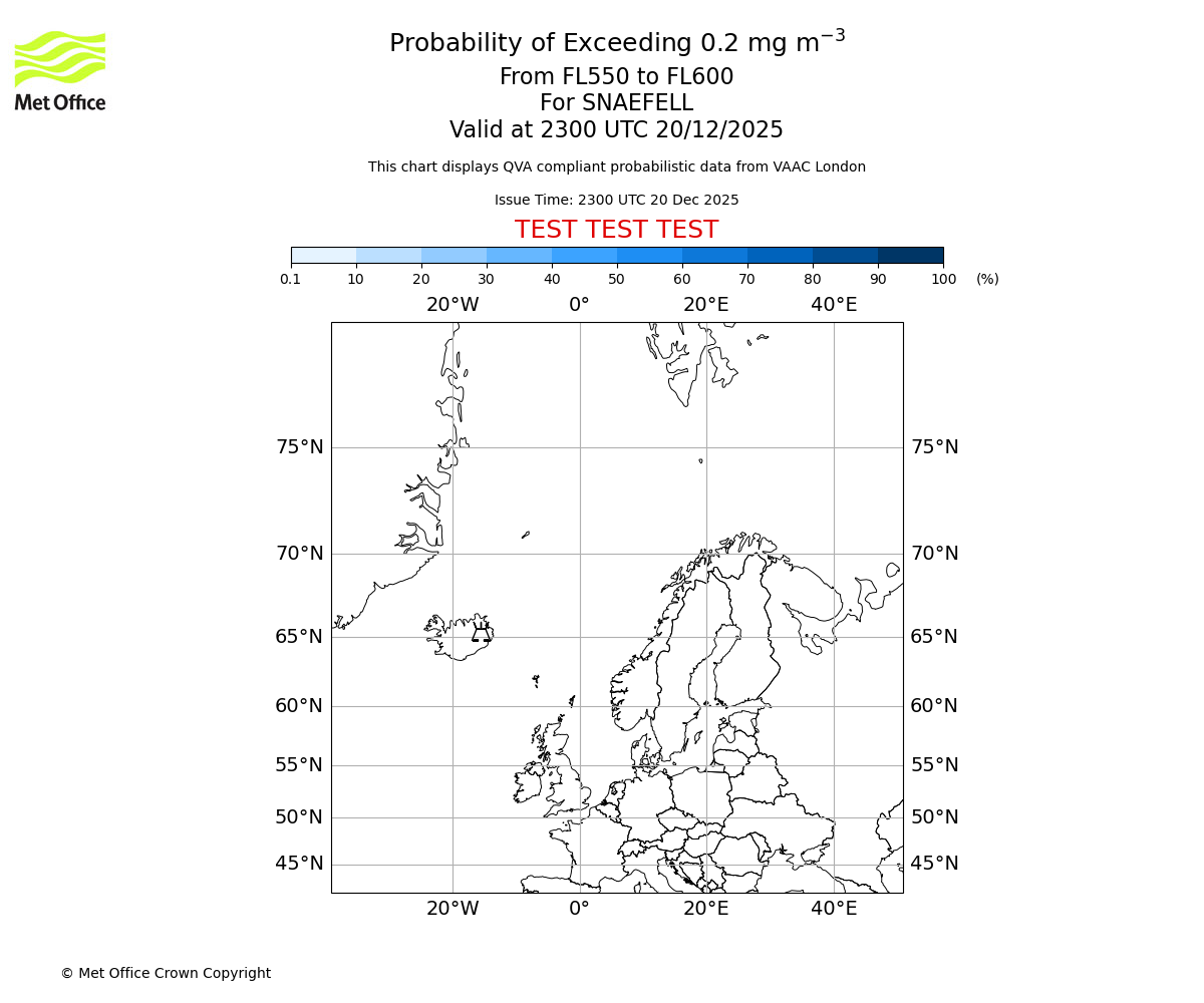 Probability of exceeding 0.2 milligrams per metre cubed. From 550 to 600 for SNAEFELL. Valid at 2300 UTC 20/12/2025