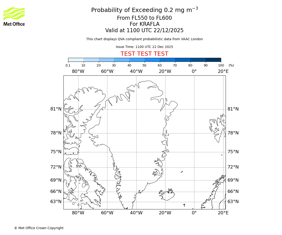 Probability of exceeding 0.2 milligrams per metre cubed. From 550 to 600 for KRAFLA. Valid at 1100 UTC 22/12/2025