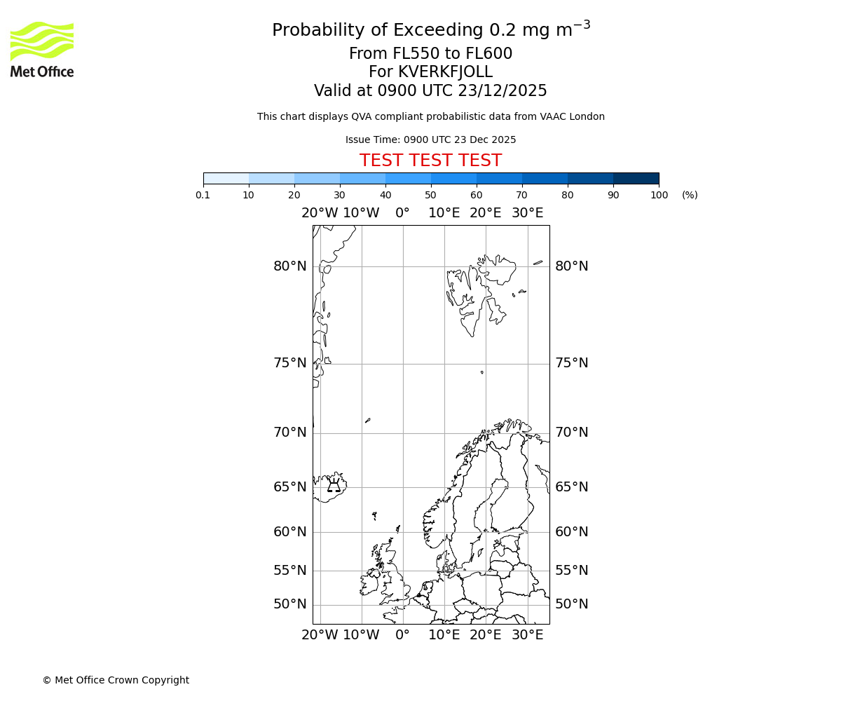 Probability of exceeding 0.2 milligrams per metre cubed. From 550 to 600 for KVERKFJOLL. Valid at 0900 UTC 23/12/2025