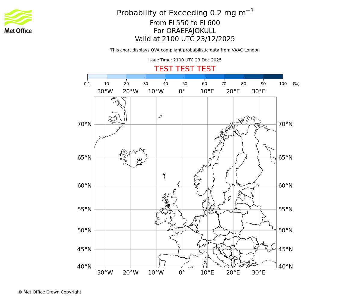 Probability of exceeding 0.2 milligrams per metre cubed. From 550 to 600 for ORAEFAJOKULL. Valid at 2100 UTC 23/12/2025
