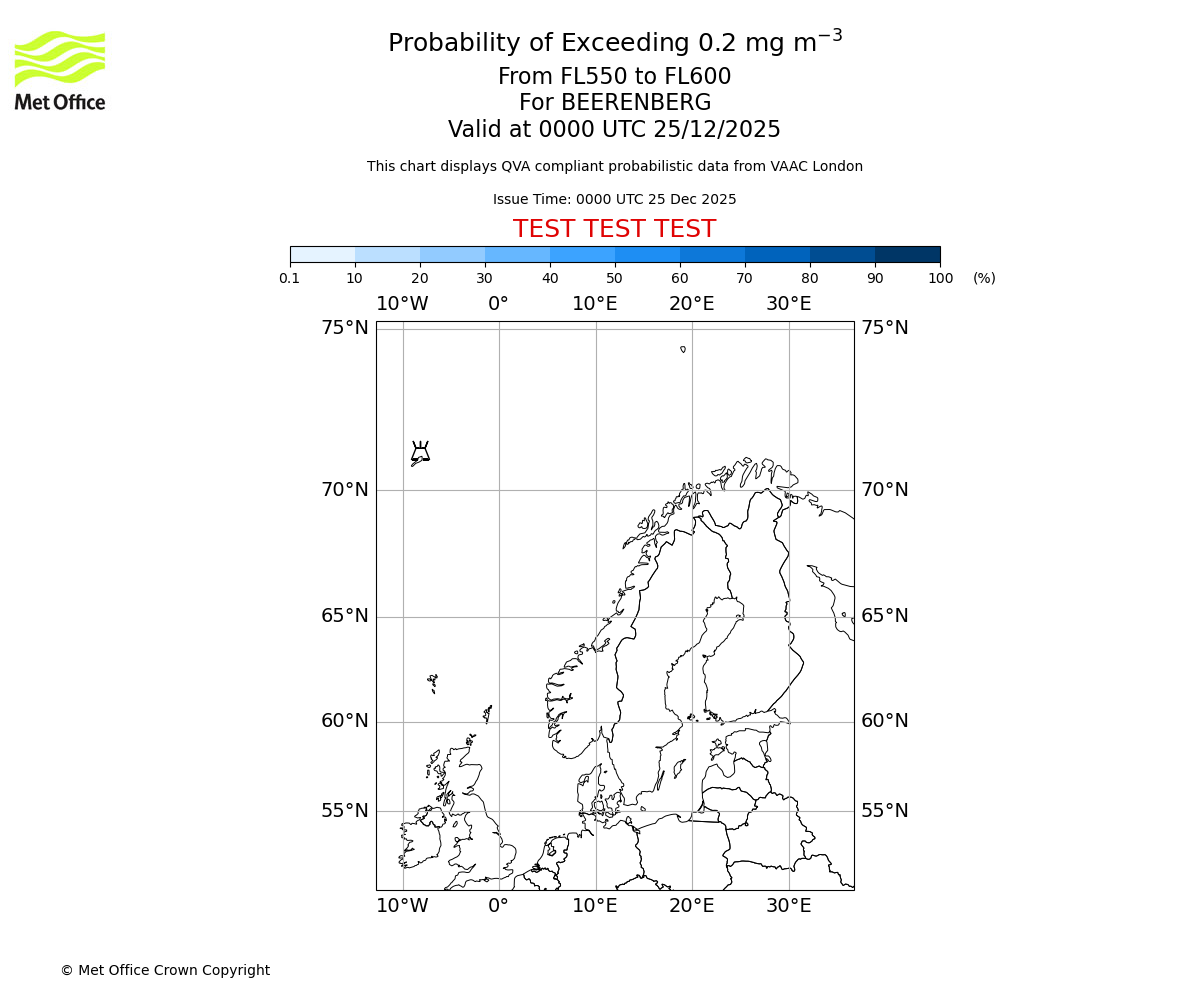 Probability of exceeding 0.2 milligrams per metre cubed. From 550 to 600 for BEERENBERG. Valid at 0000 UTC 25/12/2025