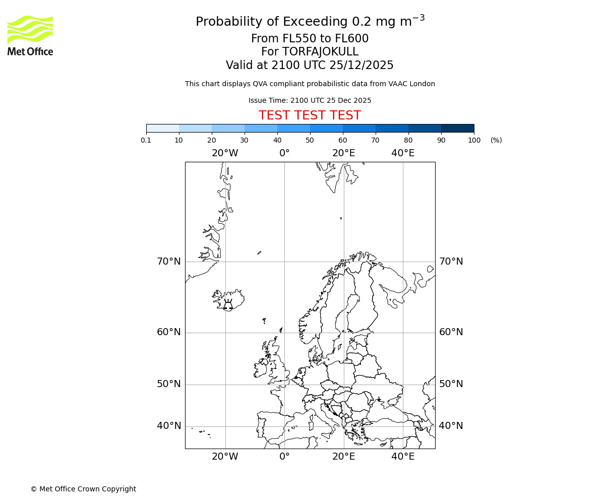 Probability of exceeding 0.2 milligrams per metre cubed. From 550 to 600 for TORFAJOKULL. Valid at 2100 UTC 25/12/2025