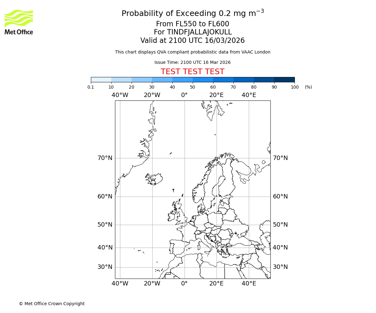 Probability of exceeding 0.2 milligrams per metre cubed. From 550 to 600 for TINDFJALLAJOKULL. Valid at 2100 UTC 16/03/2026