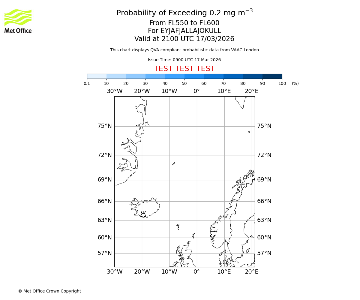 Probability of exceeding 0.2 milligrams per metre cubed. From 550 to 600 for EYJAFJALLAJOKULL. Valid at 2100 UTC 17/03/2026