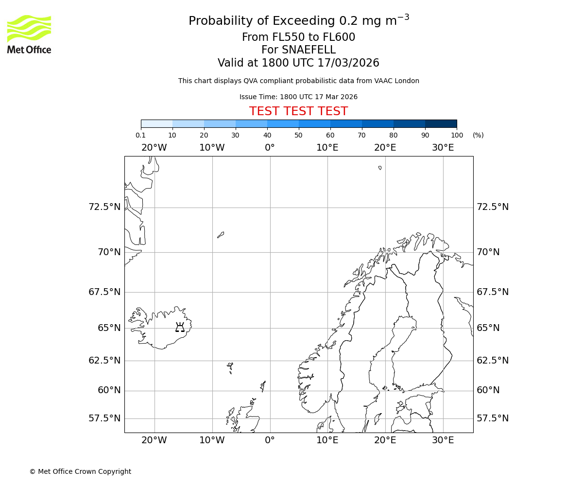 Probability of exceeding 0.2 milligrams per metre cubed. From 550 to 600 for SNAEFELL. Valid at 1800 UTC 17/03/2026