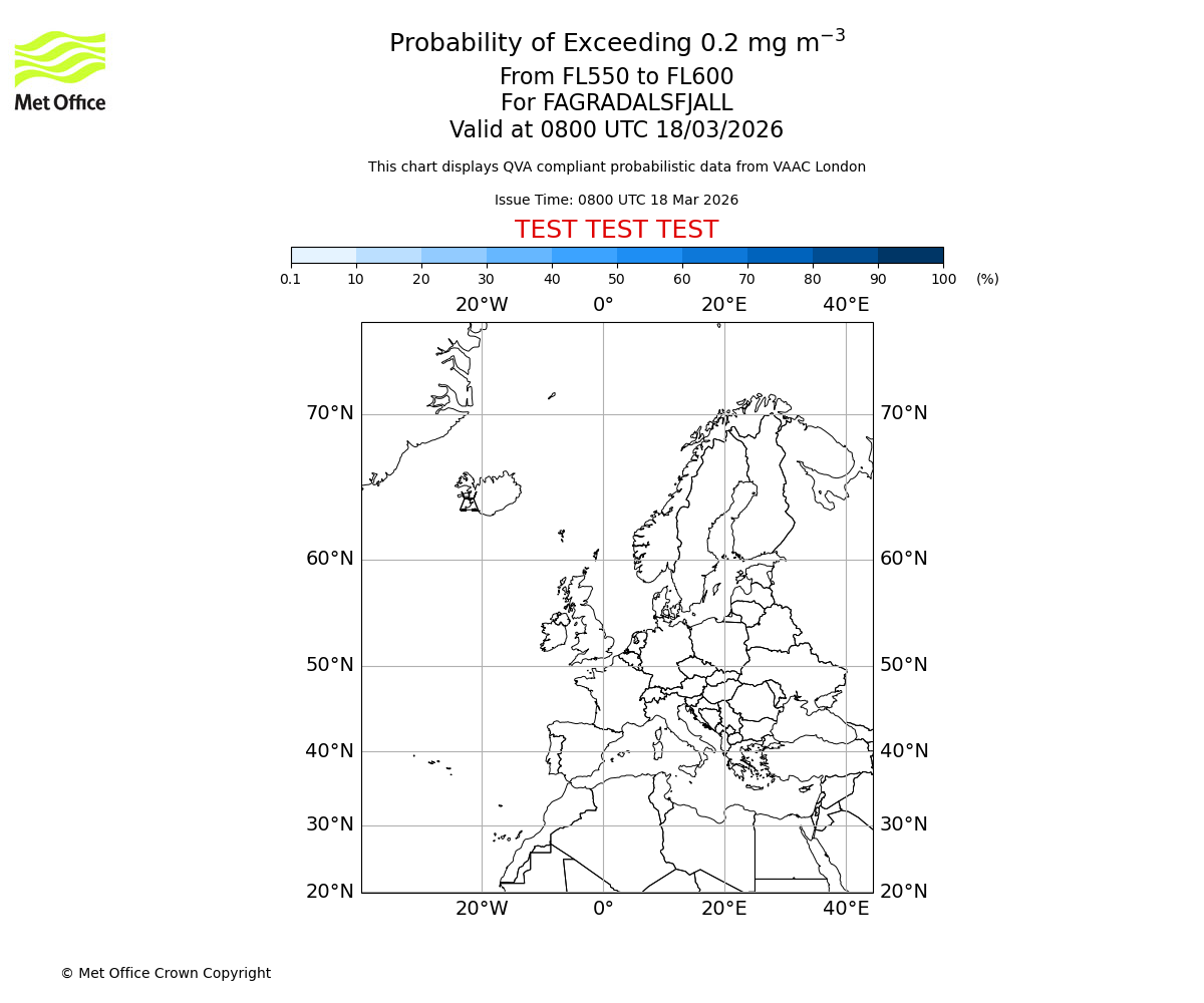 Probability of exceeding 0.2 milligrams per metre cubed. From 550 to 600 for FAGRADALSFJALL. Valid at 0800 UTC 18/03/2026