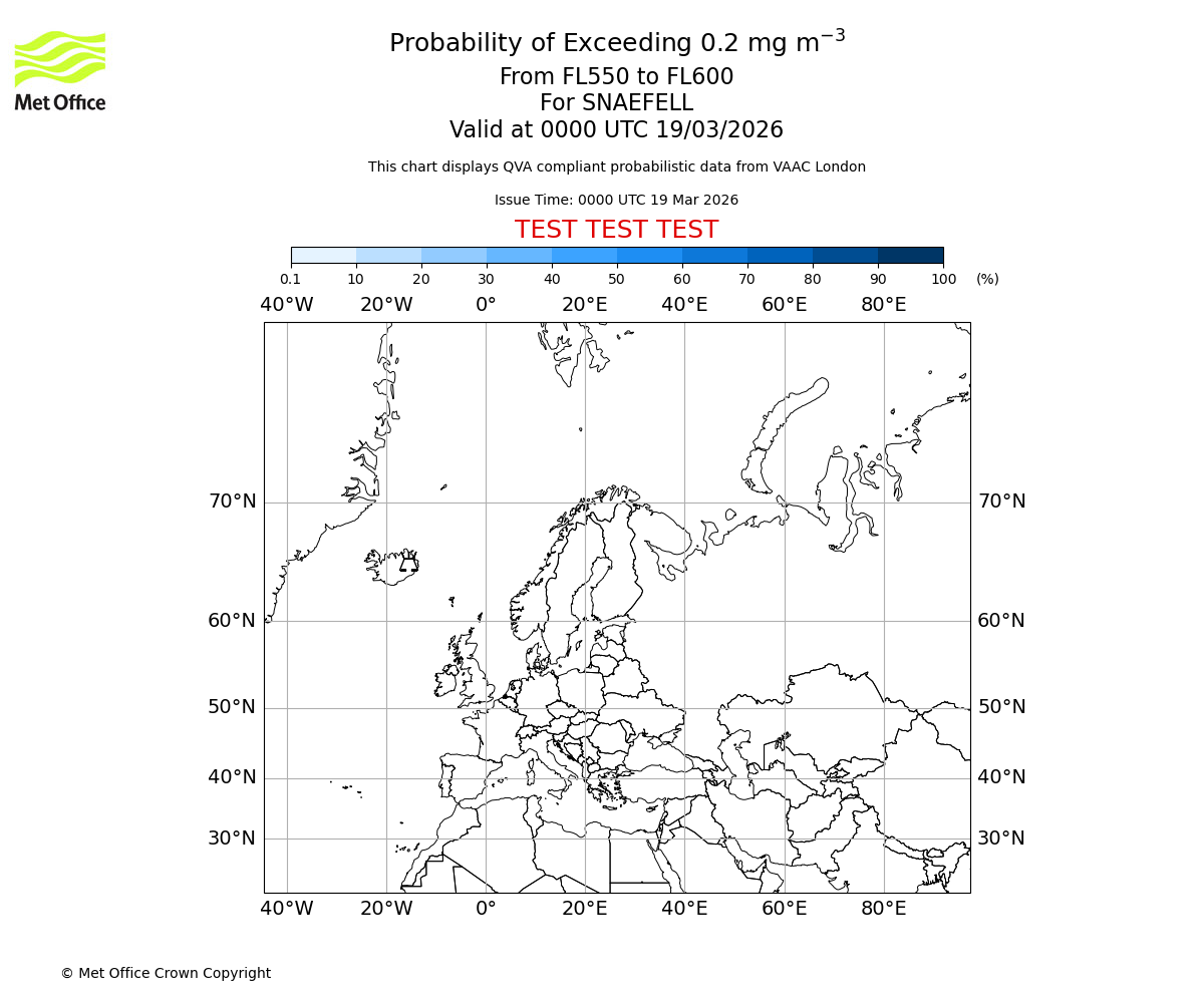 Probability of exceeding 0.2 milligrams per metre cubed. From 550 to 600 for SNAEFELL. Valid at 0000 UTC 19/03/2026