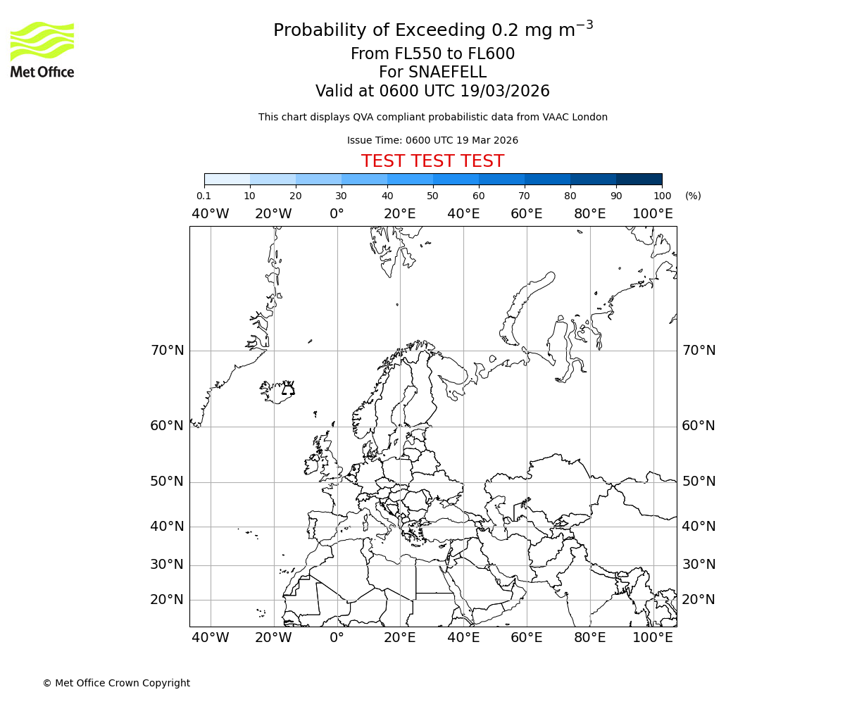 Probability of exceeding 0.2 milligrams per metre cubed. From 550 to 600 for SNAEFELL. Valid at 0600 UTC 19/03/2026