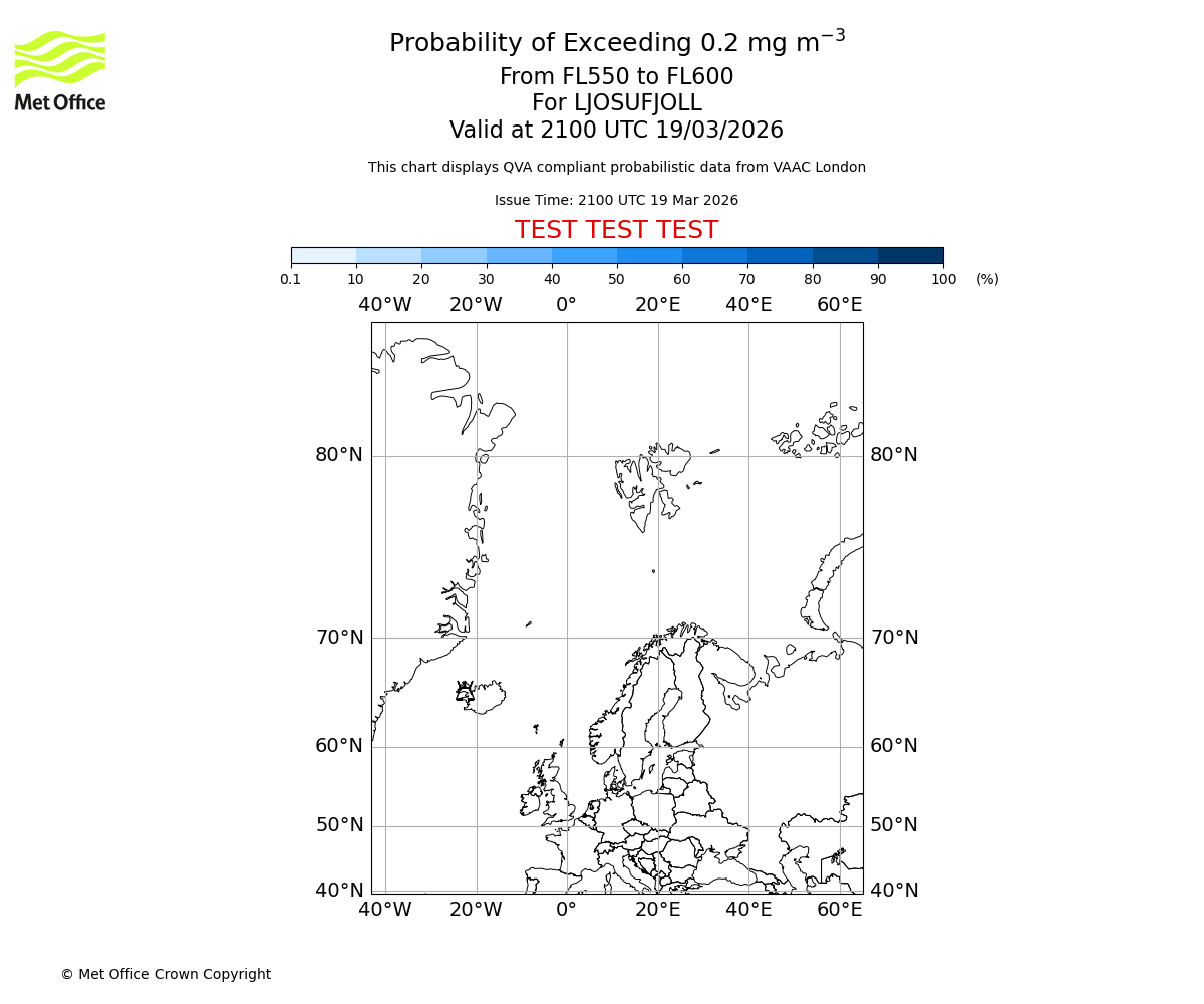 Probability of exceeding 0.2 milligrams per metre cubed. From 550 to 600 for LJOSUFJOLL. Valid at 2100 UTC 19/03/2026
