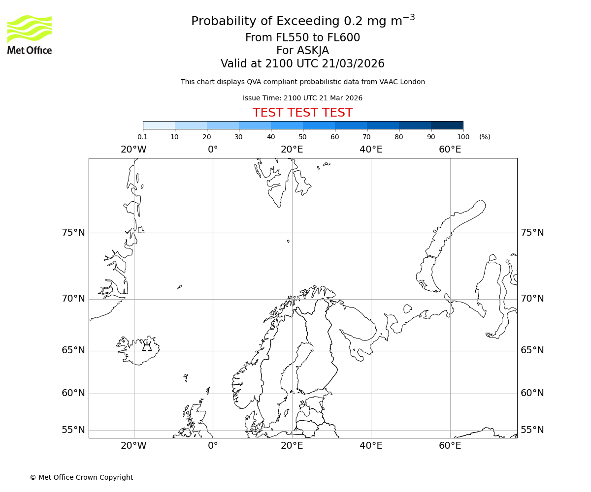 Probability of exceeding 0.2 milligrams per metre cubed. From 550 to 600 for ASKJA. Valid at 2100 UTC 21/03/2026