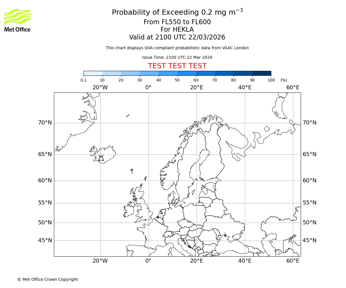 Probability of exceeding 0.2 milligrams per metre cubed. From 550 to 600 for HEKLA. Valid at 2100 UTC 22/03/2026