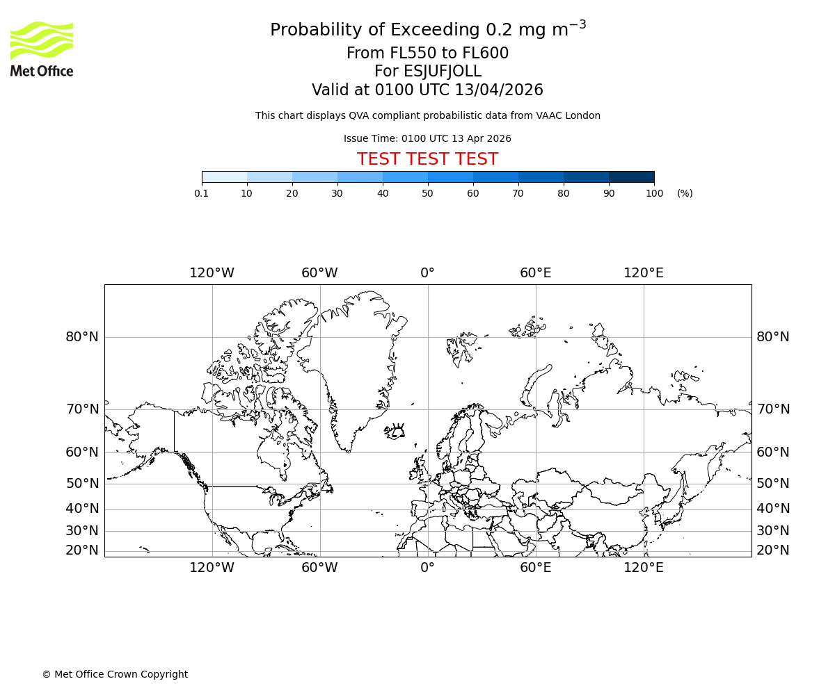Probability of exceeding 0.2 milligrams per metre cubed. From 550 to 600 for ESJUFJOLL. Valid at 0100 UTC 13/04/2026