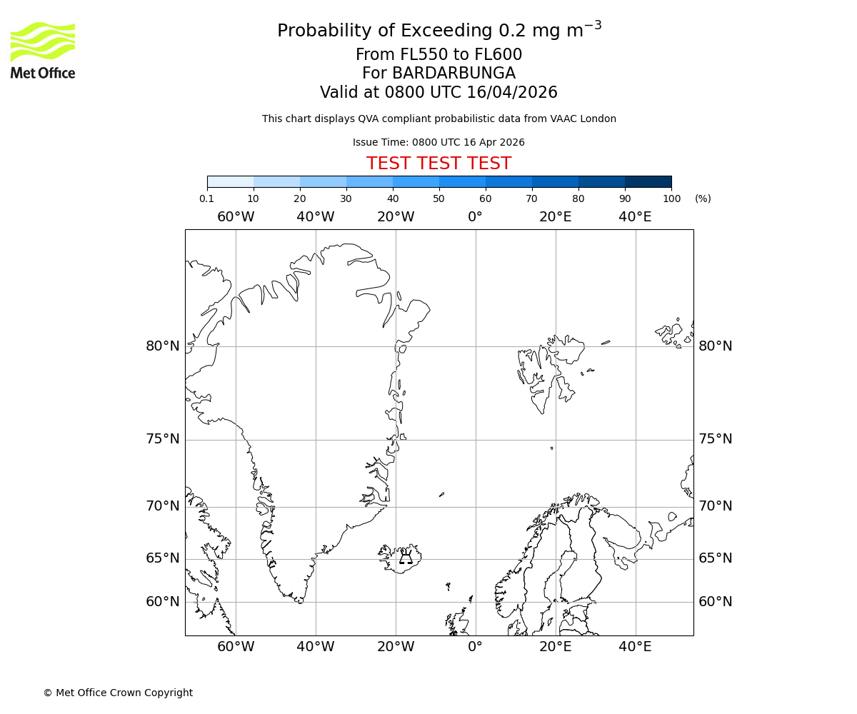 Probability of exceeding 0.2 milligrams per metre cubed. From 550 to 600 for BARDARBUNGA. Valid at 0800 UTC 16/04/2026