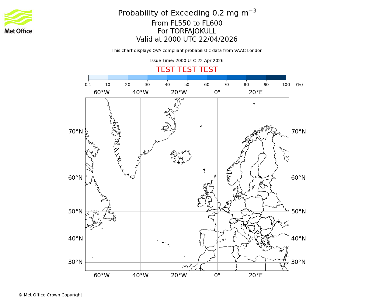 Probability of exceeding 0.2 milligrams per metre cubed. From 550 to 600 for TORFAJOKULL. Valid at 2000 UTC 22/04/2026