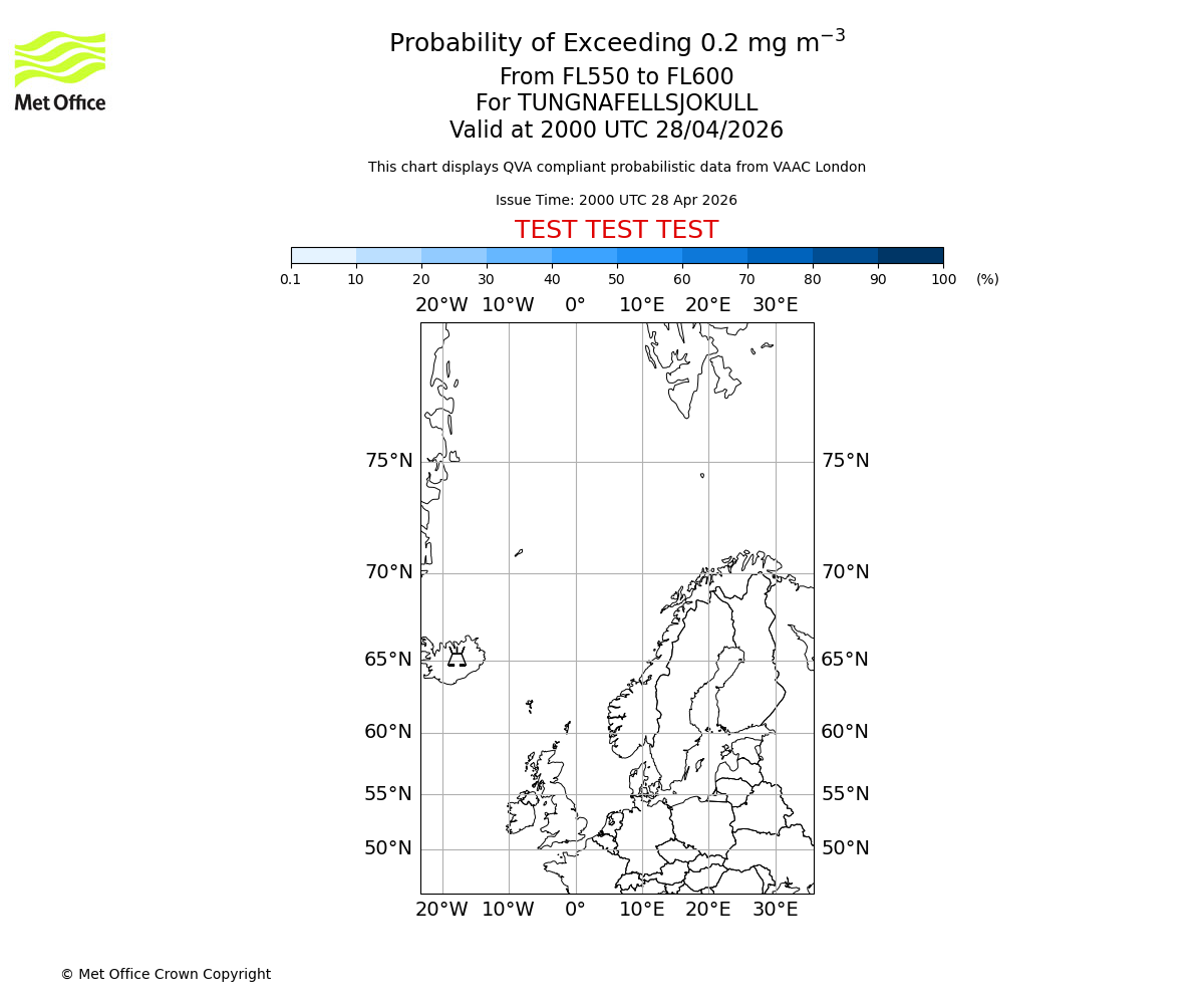 Probability of exceeding 0.2 milligrams per metre cubed. From 550 to 600 for TUNGNAFELLSJOKULL. Valid at 2000 UTC 28/04/2026