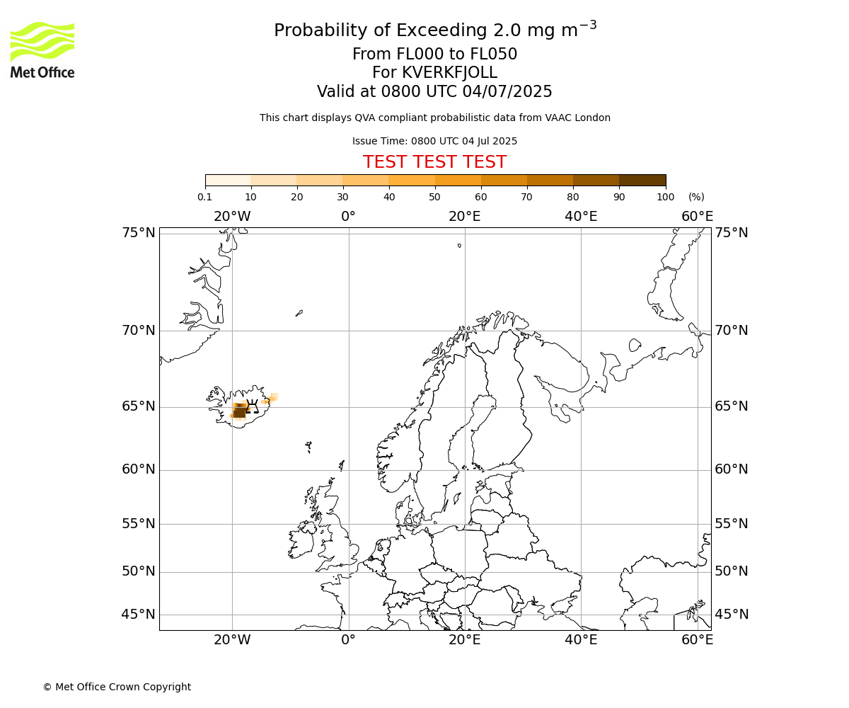 Probability of exceeding 2.0 milligrams per metre cubed. From 000 to 050 for KVERKFJOLL. Valid at 0800 UTC 04/07/2025
