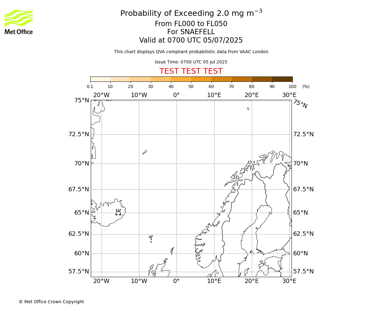 Probability of exceeding 2.0 milligrams per metre cubed. From 000 to 050 for SNAEFELL. Valid at 0700 UTC 05/07/2025
