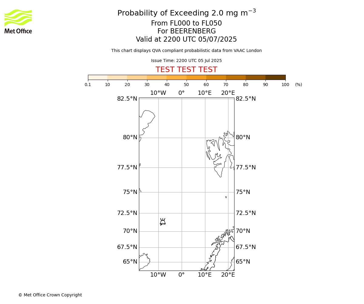 Probability of exceeding 2.0 milligrams per metre cubed. From 000 to 050 for BEERENBERG. Valid at 2200 UTC 05/07/2025