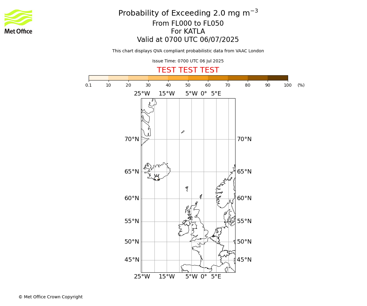 Probability of exceeding 2.0 milligrams per metre cubed. From 000 to 050 for KATLA. Valid at 0700 UTC 06/07/2025
