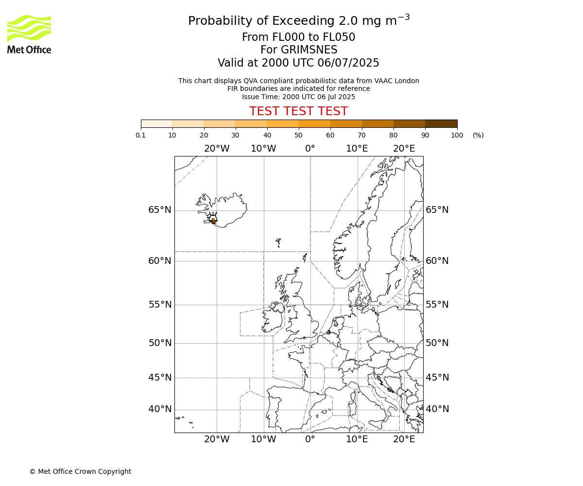 Probability of exceeding 2.0 milligrams per metre cubed. From 000 to 050 for GRIMSNES. Valid at 2000 UTC 06/07/2025