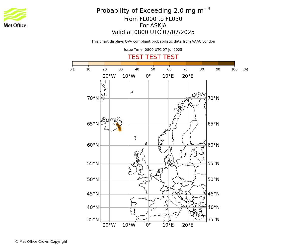 Probability of exceeding 2.0 milligrams per metre cubed. From 000 to 050 for ASKJA. Valid at 0800 UTC 07/07/2025