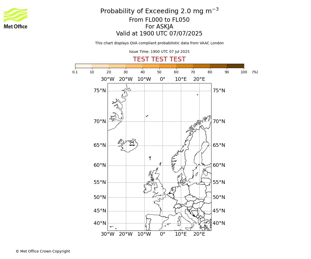 Probability of exceeding 2.0 milligrams per metre cubed. From 000 to 050 for ASKJA. Valid at 1900 UTC 07/07/2025