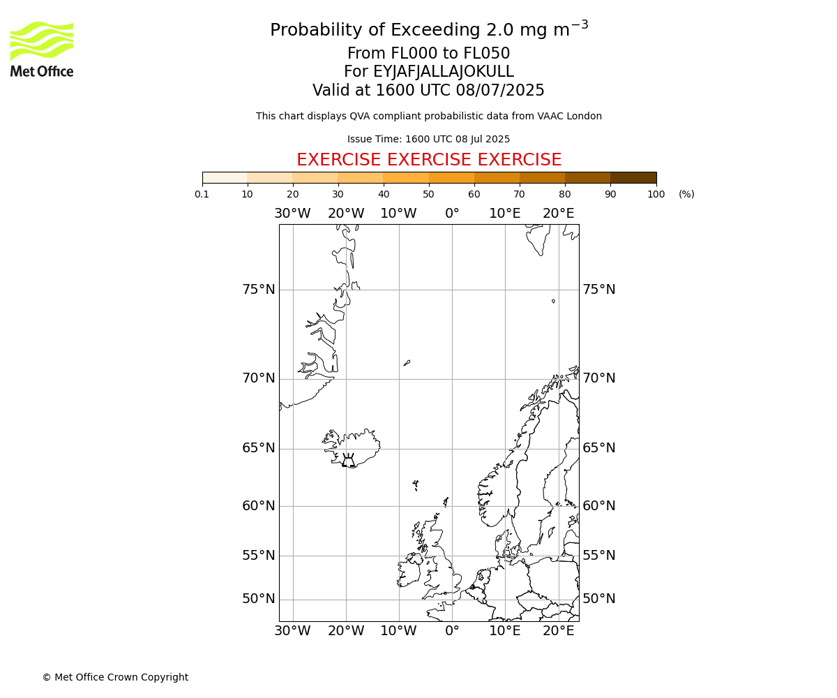 Probability of exceeding 2.0 milligrams per metre cubed. From 000 to 050 for EYJAFJALLAJOKULL. Valid at 1600 UTC 08/07/2025