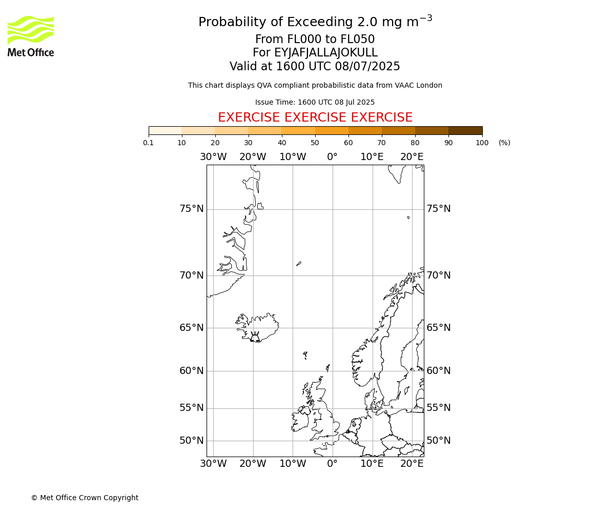 Probability of exceeding 2.0 milligrams per metre cubed. From 000 to 050 for EYJAFJALLAJOKULL. Valid at 1600 UTC 08/07/2025