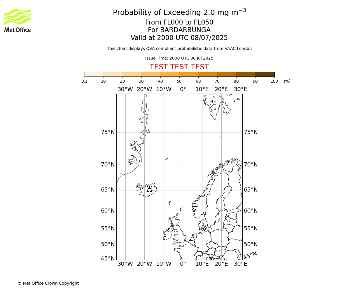 Probability of exceeding 2.0 milligrams per metre cubed. From 000 to 050 for BARDARBUNGA. Valid at 2000 UTC 08/07/2025