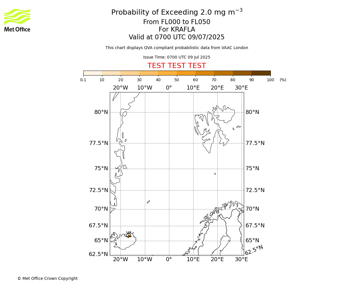 Probability of exceeding 2.0 milligrams per metre cubed. From 000 to 050 for KRAFLA. Valid at 0700 UTC 09/07/2025